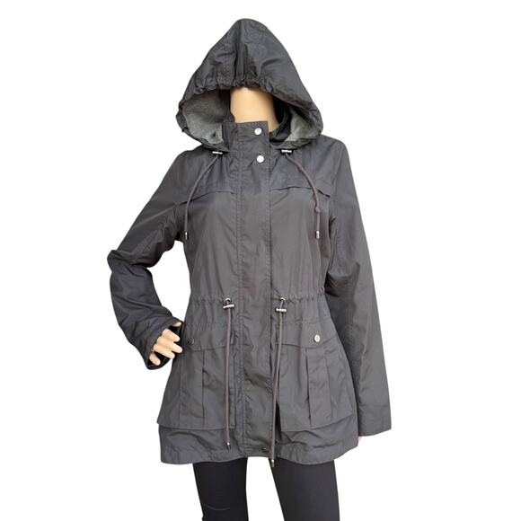 Merona M Anorak Jacket Dark Gray Hooded Raincoat Drawstring Waist Parka - Picture 1 of 8